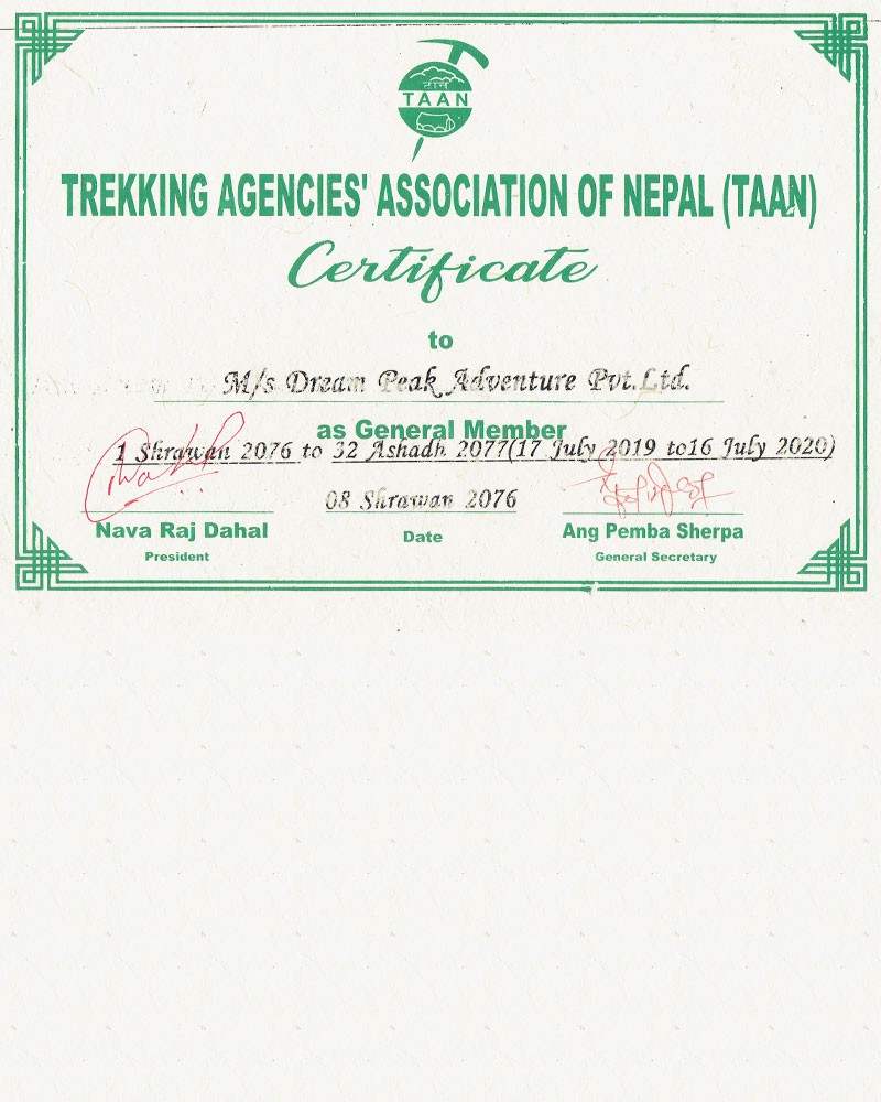 Certificate from TAAN